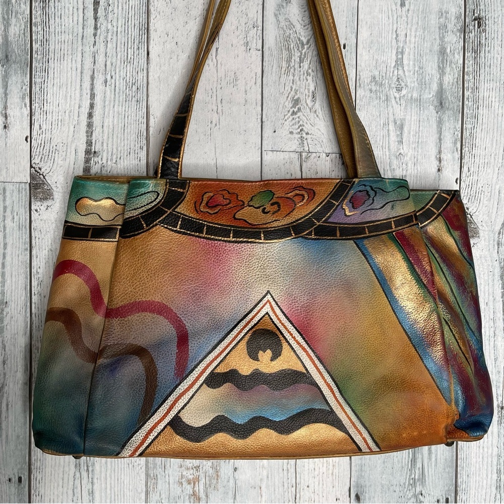 Anuschka Hand painted Abstract Leather Shoulder Bag Purse - Picture 5 of 16